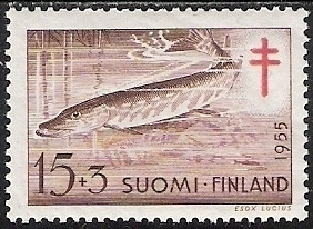 1955 TUB merkki  Hauki  15 + 3 mk ** LaPe 444