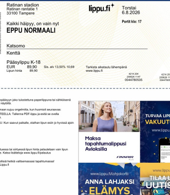 Myydään Eppu Normaali kenttälippu 100 €