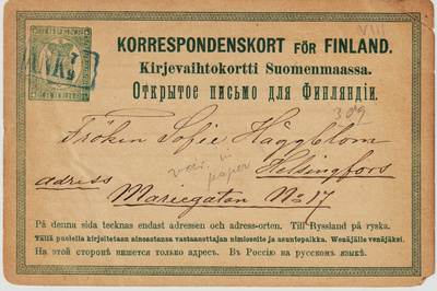 1873 8p Isohampainen Ehiökortti ANK-leimalla Helsinkiin