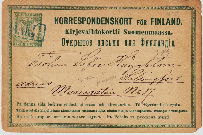 1873 8p Isohampainen Ehiökortti ANK-leimalla Helsinkiin