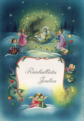 Vanha joulukortti-enkelit ja lahjat