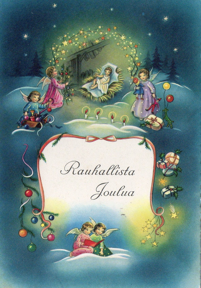 Vanha joulukortti-enkelit ja lahjat
