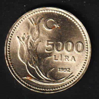 1992 Turkin 5000 liiran kolikko
