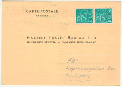 1954 10 (mk) pari vastauskortti Tanskasta 1961 - leimaton