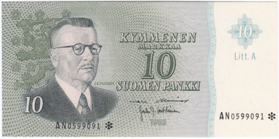 10 Markkaa 1963 Litt.A AN-tähti, kl.9