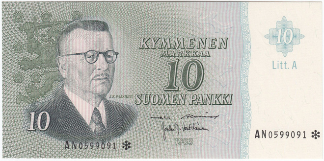 10 Markkaa 1963 Litt.A AN-tähti, kl.9