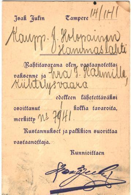 FIRMAKORTTI TAMPERE ISAK JULIN ALLEKIRJOITUKSELLA