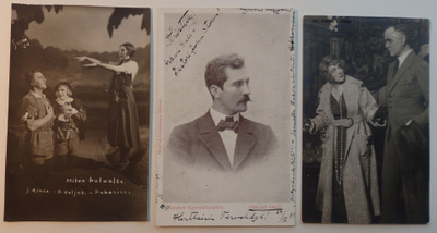 3 kpl Postikortteja, teatteriväkeä 1900-luvun alkuvuosilta