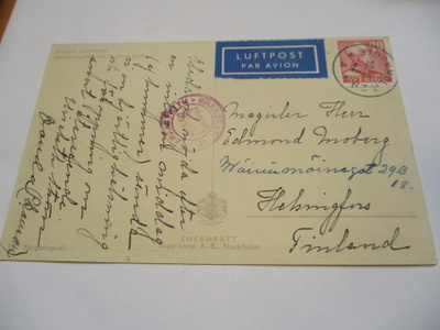 1942 Ruotsi sens lentopostikortti Hkiin