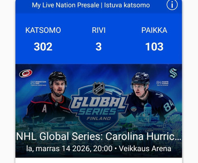 NHL Global Series Carolina Hurricanes – Seattle Kraken lippu