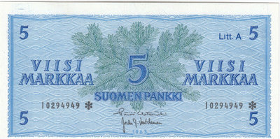 5 Markkaa 1963 Litt.A I-sarjaa tähdellä, kl.8-9
