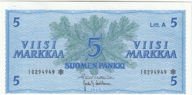 5 Markkaa 1963 Litt.A I-sarjaa tähdellä, kl.8-9