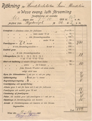 Hautauslasku Vaasasta 1919 ruotsinkielinen