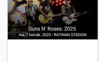 2 kenttälippua, Guns N' Roses Tampere, Ratina 7.7.25