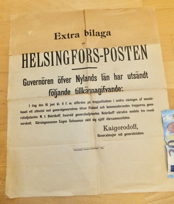 Lisälehti Helsingfors-Posten Kenraali Bobrikoff Ammuttu 1904