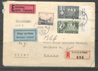 v. 1945 kirje Sveitsistä Suomeen, lipukkeita, leimoja, jne.