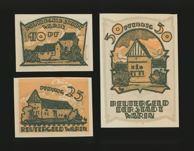 Saksa Notgeld 10, 25, 50 Pfg, Warin 1922