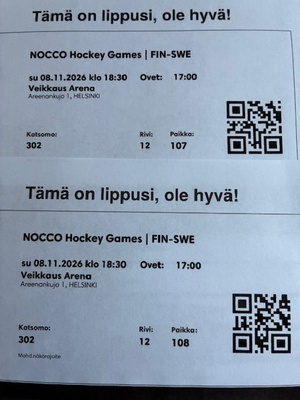 Suomi-Ruotsi 2 lippua NOCCO Hockey Games su 8.11.