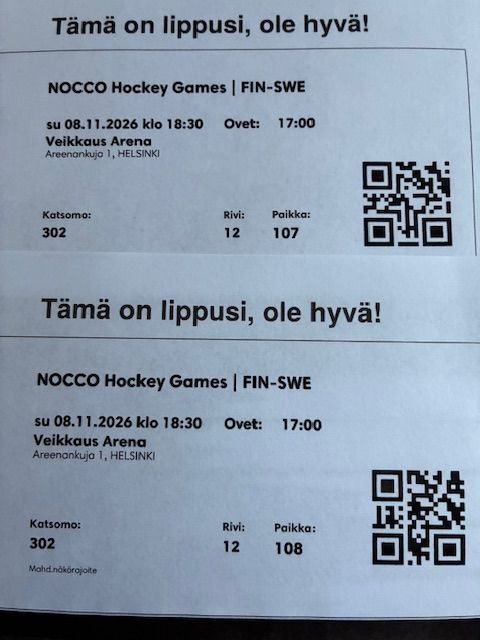 Suomi-Ruotsi 2 lippua NOCCO Hockey Games su 8.11.