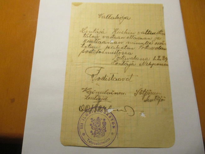 1924 Sortavala lentäjän valtakirja