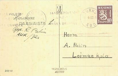 M30 1950 10mk rusk.lila postikortti 1952