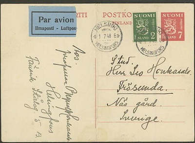 M30 1948 7mk ehiö lisämerkein lentopostissa Ruotsiin, taite
