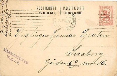 1918 26.4. postikortti Suomenlinnan vankilaan - tarkastettu