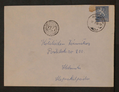 # 22891 # Numeroleima 2327 + Hauho kirje Helsinki