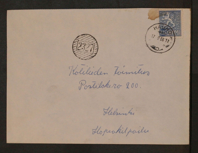 # 22891 # Numeroleima 2327 + Hauho kirje Helsinki