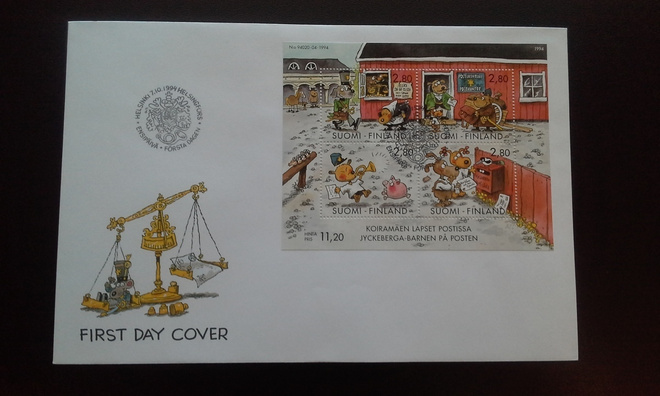FDC Koiramäen lapset postissa 7.10.1994 LaPe 1265-1268 BL14