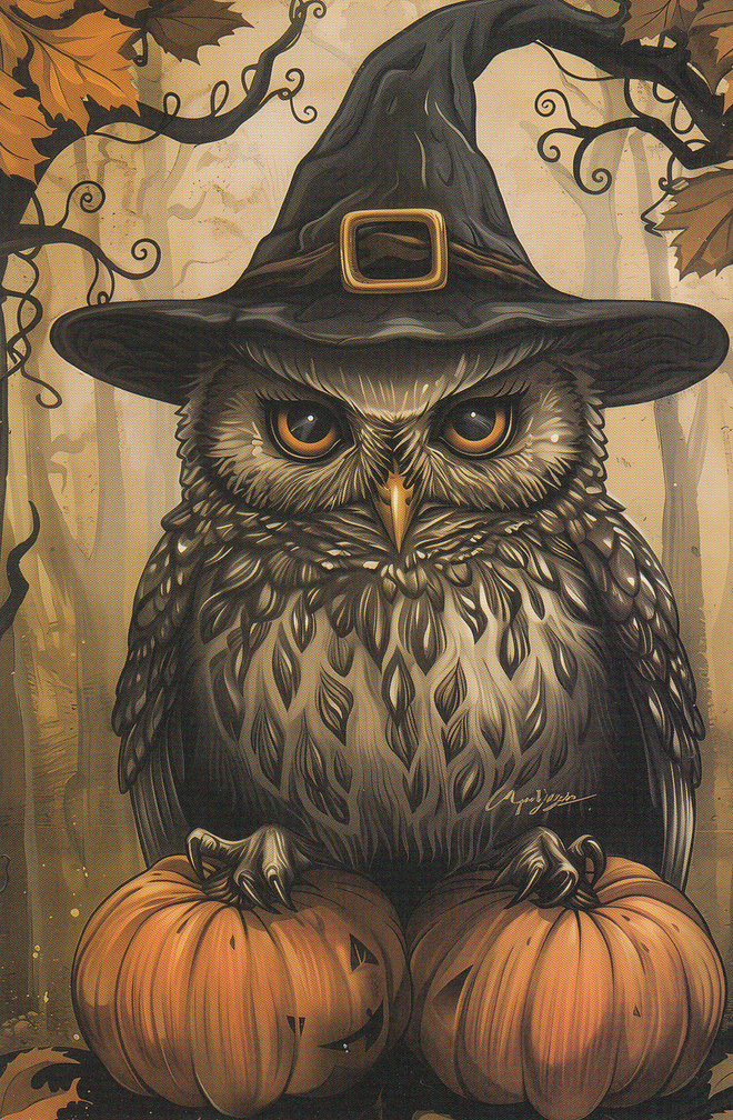 Halloween pöllöllä noidan hattu ja kaksi kurpitsaa