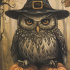 Halloween pöllöllä noidan hattu ja kaksi kurpitsaa - pikkukuva 1
