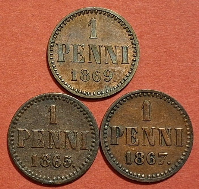 Harvinaiset 1 penniä 1865 ja 1967 ja 1869. (KD8)