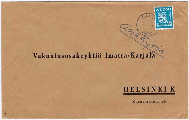 1952 25mk sin.leijona asiakirjoja -lähetys