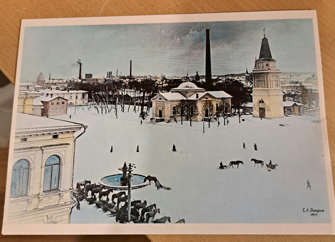 Tampere, talvella, keskustori, iso kulkenut taittokortti