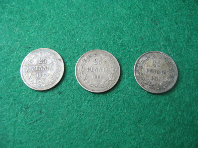 3 kpl 25p 1897, 1906 & 1913 - hopeaa