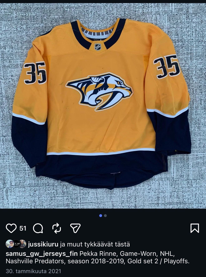Pekka Rinne Nashville gameworn paita playoffs