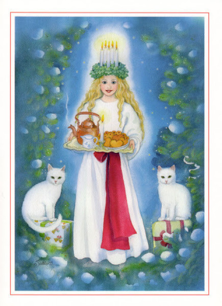 Salli Parikka: Lucia-neito ja kissat (isohko kortti)