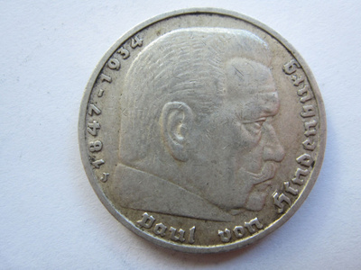 Natsi-Saksa 5 Reichsmark 1936 J Hindenburg hopeaa
