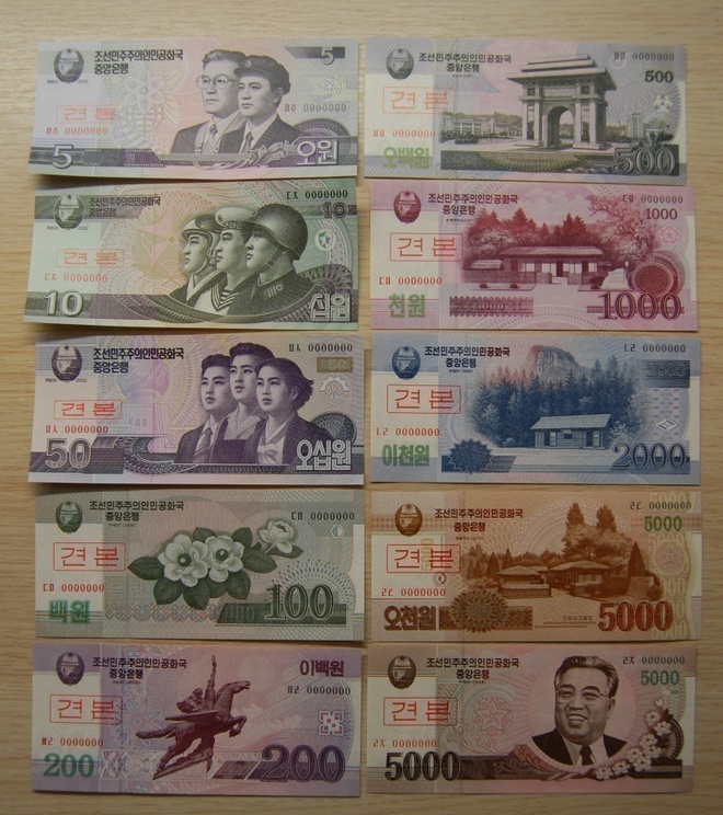 Pohjois-Korea, 5 - 5000 won, 10 erilaista seteliä, UNC