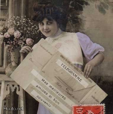 NAINEN / Tumma tyttö ja suuri onnittelutelegrammi. 1900-l.