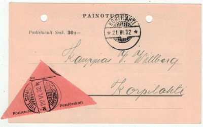 Painotuote postiennakolla KORPILAHTI 1932