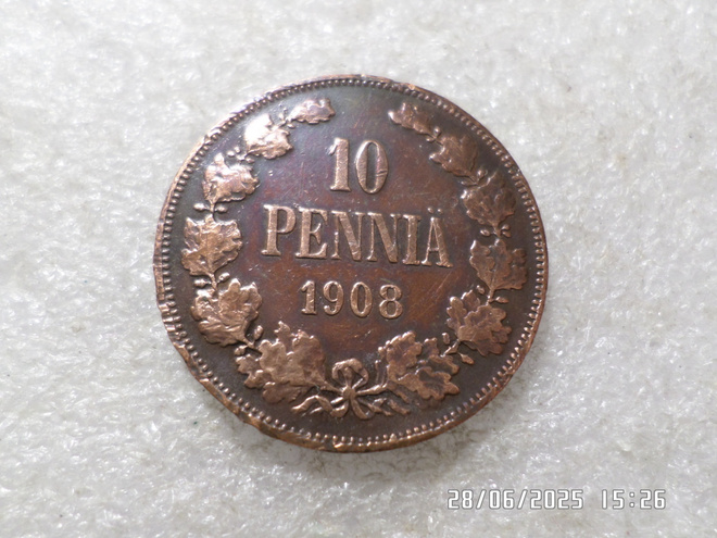 10  penniä  1908   siisti tasaisesti  patinoitunut kl 8-9