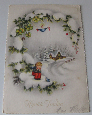 Vanha joulukortti, 1950-luvulla kulkenut