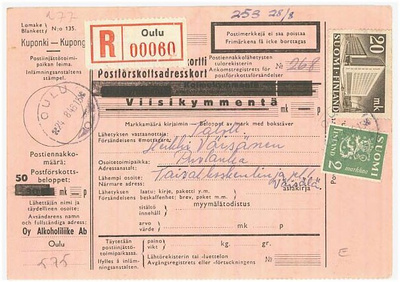 1945 20mk postitalo ym R-postiennakko-asiakirjoja