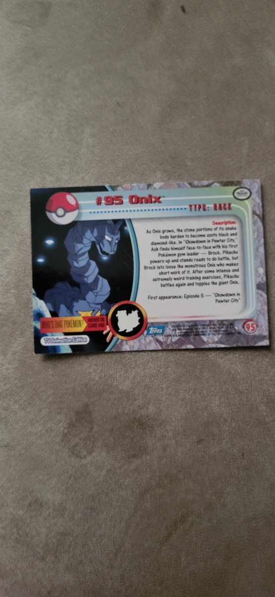 Onix #95 Pokemon 1999 Topps TV blue logo card