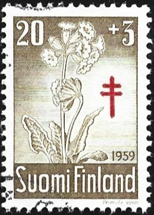 1959 TUB merkki Kevätesikko 20 + 3 mk leimattu LaPe 510