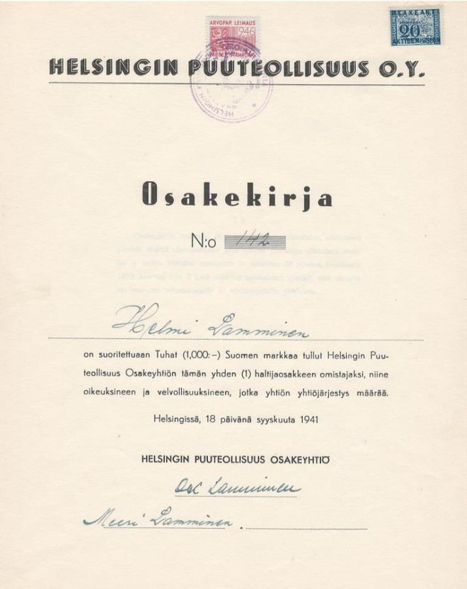 OKK 1941 Helsingin Puuteollisuus Oy, Helsinki osakekirja