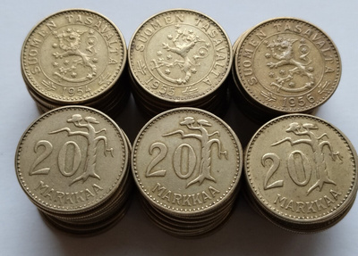 20 mk, v. -54 II, -55,-56, yht 60 kpl, circ