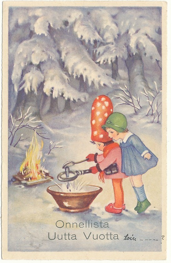 Tyttöset valavat tinaa - vanha kortti